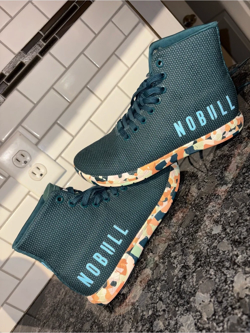 NOBULL Teal High-Top Training Shoes with Multicolor Patterned Soles
